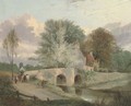 Figures on a bridge with a cottage beyond - Alfred Stannard