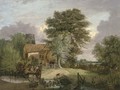 A wooded landscape with figures in a cart crossing a ford, a cottage and ruined tower beyond - Alfred Stannard