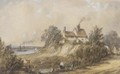 Figures before a cottage, a paddlesteamer on the river beyond - Alfred Vickers