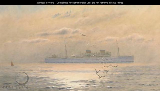 A Union Castle liner in coastal waters at dusk - Alma Claude Burlton Cull