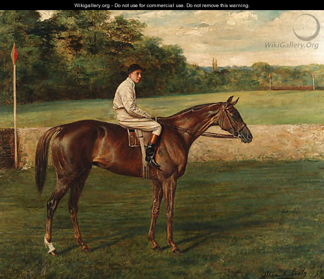 A chestnut Racehorse with Jockey-up, on a racecourse - Allen Culpepper Sealy