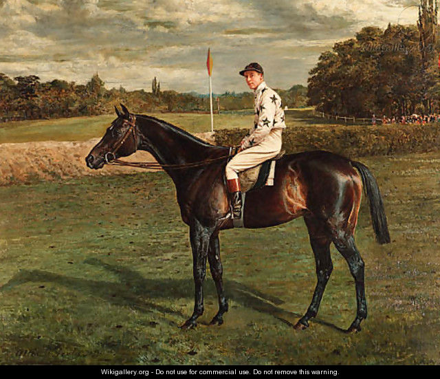 A bay Racehorse with Jockey-up, on a racecourse - Allen Culpepper Sealy