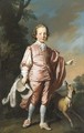 Portrait of John Prideaux Basset (1740-1756), full-length, in pink van Dyck dress, a whippet at his side, in a wooded landscape - Allan Ramsay