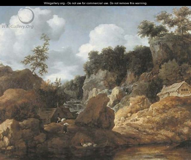 A wooded river landscape with peasants loading a boat - Allaert van Everdingen