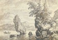A rocky coastal landscape with pine trees, figures in a rowing boat beyond - Allaert van Everdingen