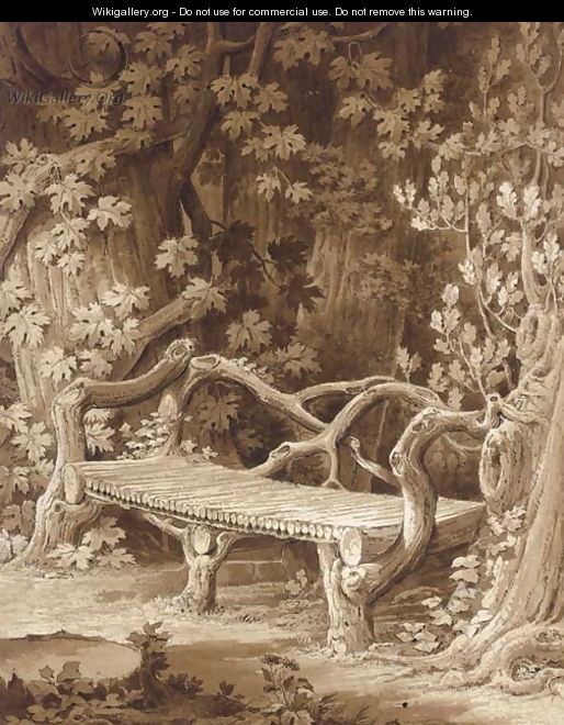 A rustic bench built of roots set among trees - Amelie Munier-Romilly