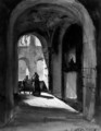 The arcade of a monastery cloister with a monk and a mendicant - Alphonse-Apollodore Callet