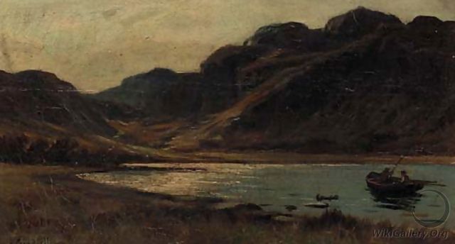 Anglers on a lake before a mountain - Alfred Goodfellow