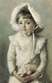 Portrait of a young girl with a bonnet holding a small bouquet - Alfred Edward Emslie