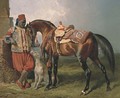 An African groom holding a stallion, with a dog - Alfred Dedreux