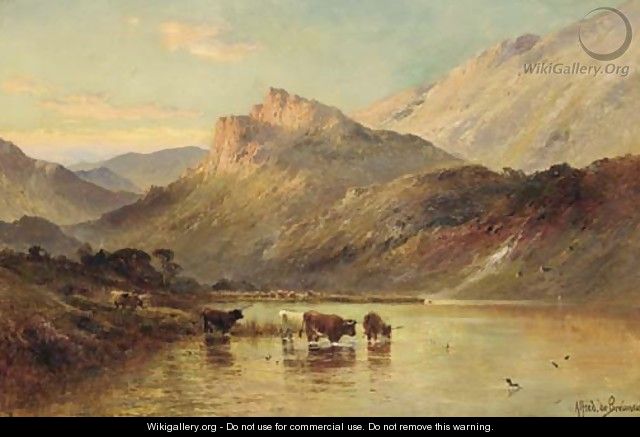 Cattle watering in a Mountainous Landscape - Alfred de Breanski