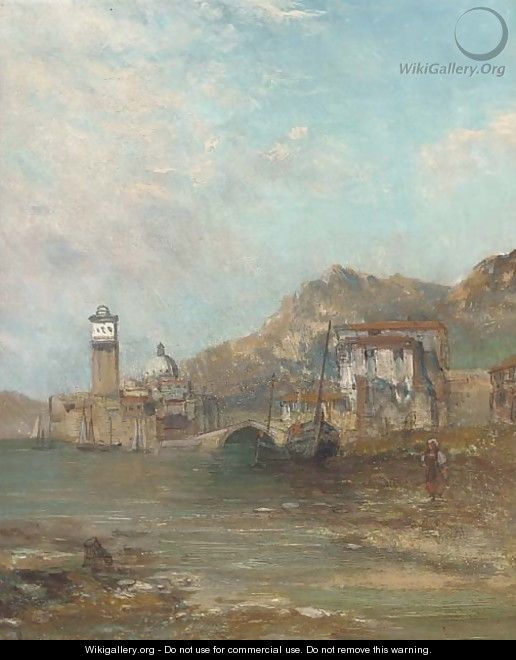 Figure and boats at a harbour mouth with a church beyond - Alfred Pollentine