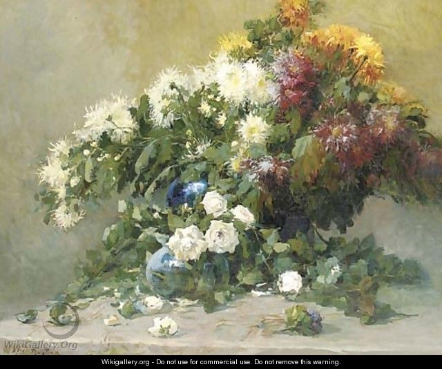 Mixed summer flowers in a blue vase on a table - Alfred Ruytinx