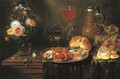 Roses and an iris in a glass vase, crabs and prawns on a pewter platter, a Facon-de-Venise wineglass, a stoneware ewer, a bunch of grapes - Alexander Adriaenssen