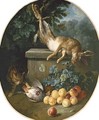 Still life with game and peaches with a cat stalking from behind a stone ledge - Alexandre-Francois Desportes