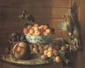 Plums in a basket and apricots in a blue and white bowl, with figs, a melon, plums, peaches and a red-legged partridge on a marble shelf, by a rabbit - Alexandre-Francois Desportes