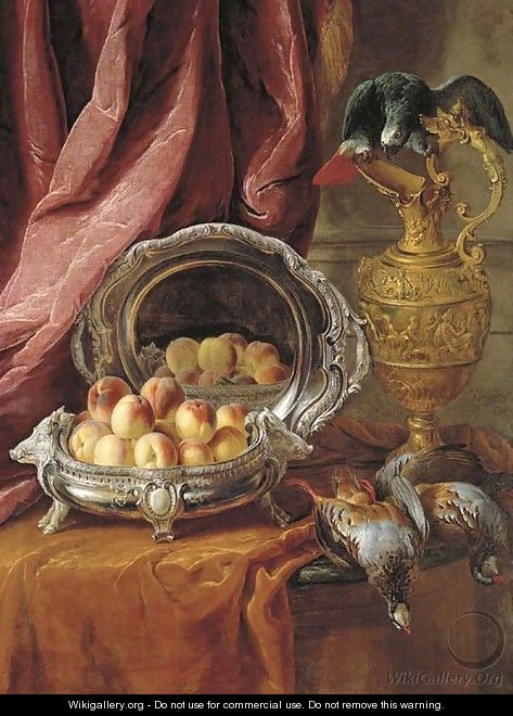 Peaches in a silver-footed bowl, a silver platter, an African Grey parrot perched on a vermeil ewer and game birds on a partly-draped tabletop - Alexandre-Francois Desportes