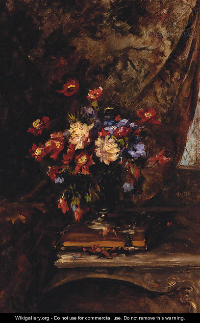 A Vase Of Mixed Flowers On A Book In An Interior - Alexandre Rene Veron