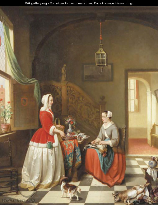 A lady giving instructions to her maid in a 17th century interior - Alexis van Hamme