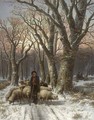 A frosty forest with a shepherd and his flock - Alexis de Leeuw