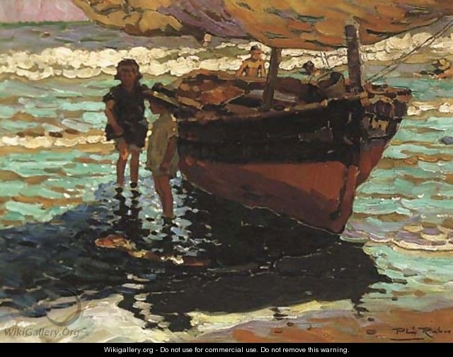 A fishing boat with children on the shore - Alberto Pla y Rubio