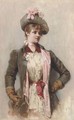 A young lady in a coat and hat with a pink bow - Albert Lynch