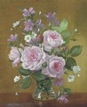 Peonies, bluebells, primroses and catkins in a glass bowl - Alfred Walter Williams