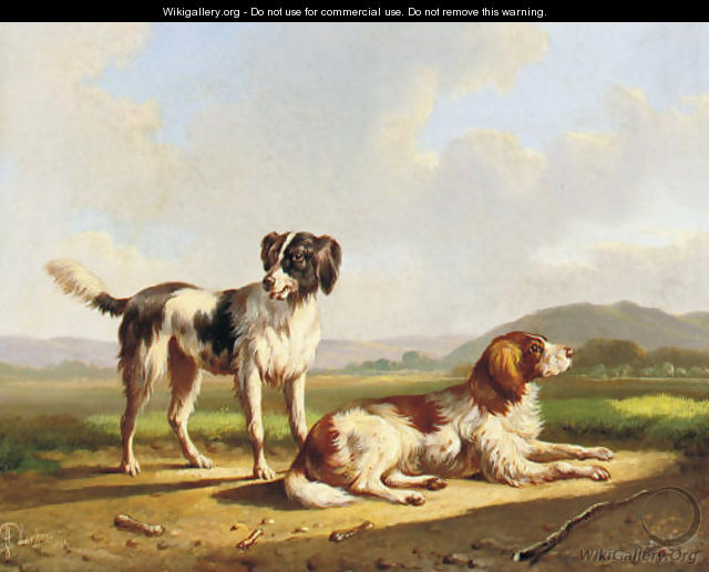 Two hunting dogs in a summer landscape - Albertus Verhoesen