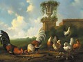 Poultry in a summer landscape by a ruined wall - Albertus Verhoesen