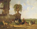 Poultry by a ruin, an extensive landscape beyond - Albertus Verhoesen