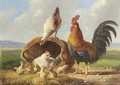 A rooster, chickens and chicks in a landscape - Albertus Verhoesen