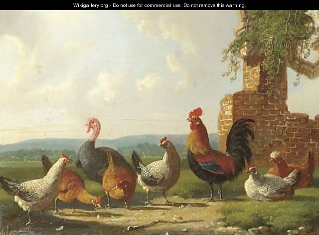 A rooster, chickens and a turkey by a ruin - Albertus Verhoesen