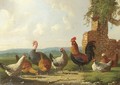 A rooster, chickens and a turkey by a ruin - Albertus Verhoesen