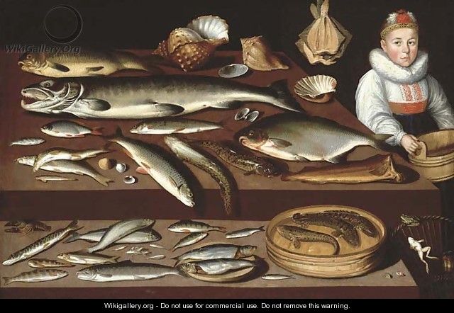 A table laden with a salmon - Albrecht Kauw