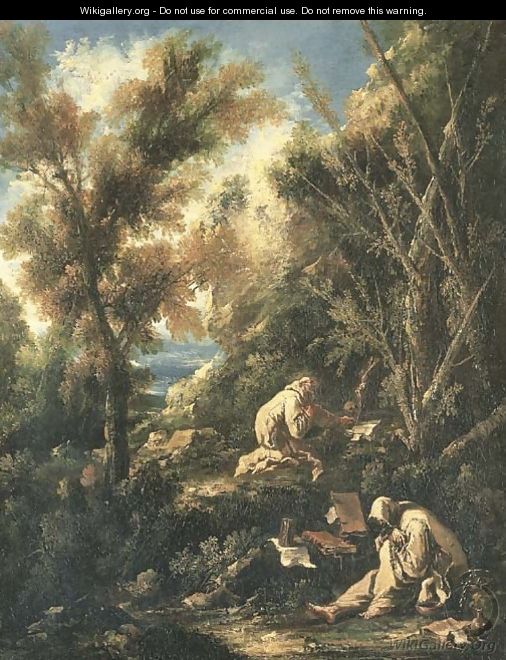 Two monks praying in a landscape - Alessandro Magnasco