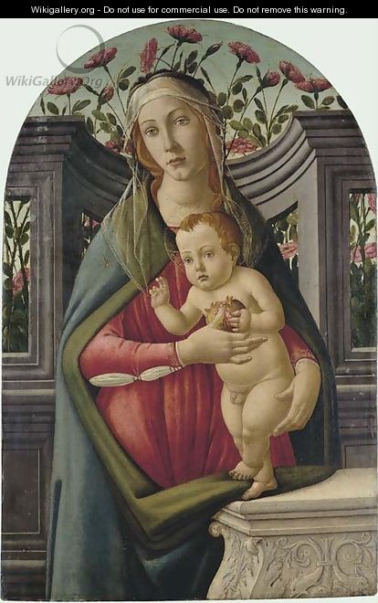 The Madonna and Child, with a pomegranate, in an alcove with roses behind - Sandro Botticelli (Alessandro Filipepi)