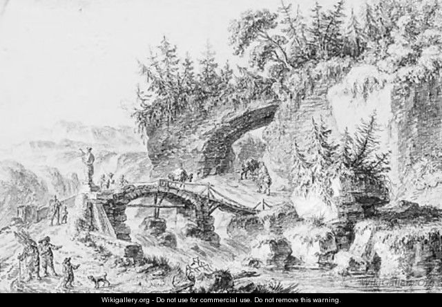 An extensive mountainous landscape with pilgrims on a bridge - Aignan-Thomas Desfriches
