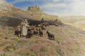 A shepherd with a flock of goats on a mountainside - Albert Goodwin