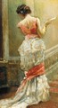 Portrait of a lady, full-length, in a white dress, holding a fan, by a staircase - Albert Ludovici