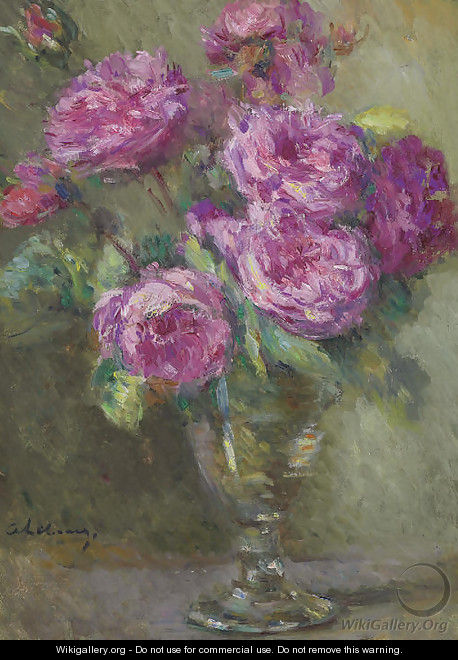 Bouquet de roses dans un verre aAA  pied - Albert Lebourg