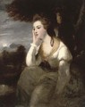 Portrait of the Hon. Mrs Stanhope, seated three-quarter-length, in a white dress, an extensive moonlit landscape beyond - (after) Sir Joshua Reynolds