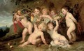 Putti carrying a swag of fruit in a landscape - (after) Sir Peter Paul Rubens