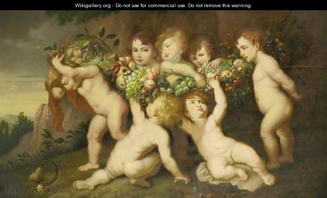 Putti carrying a swag of fruit in a landscape - (after) Sir Peter Paul Rubens And Frans Snyders