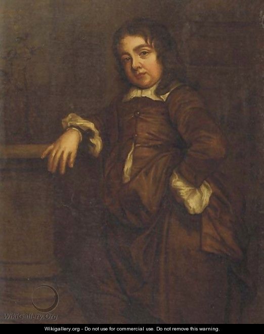 Portrait of a boy, small standing full-length, in a brown silk costume, his right arm resting on a baluster by a column, a garden beyond - (after) Sir Peter Lely