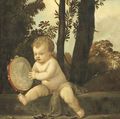 A putto playing the tambourine in a wooded landscape - Tiziano Vecellio (Titian)