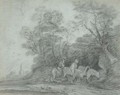Two travellers on horseback, on a wooded track with a church beyond - (after) Gainsborough, Thomas