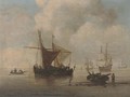 A Smalschip at anchor with a Kaag alongside a Weyschuit ashore - (after) Willem Van De, The Younger Velde