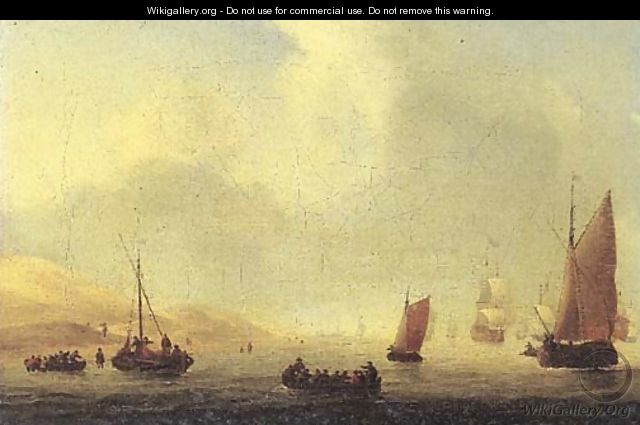 Fishermen in rowing boats with a wijdschip and other sailing vessels off the dunes, in a light breeze - Willem van de, the Younger Velde