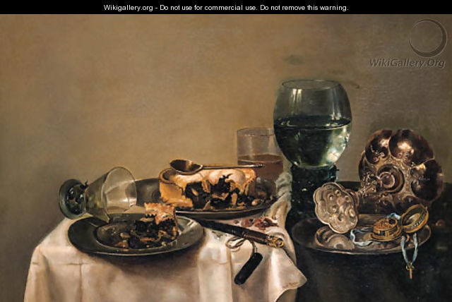 Still Life With Two Pies, A Spoon, A Fob Watch And An Upturned Tazza On Pewter Plates, A Broken Upturned Berkemeyer, A Roemer, A Beerglass, A Knife - (after) Willem Claesz. Heda
