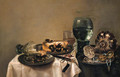 Still Life With Two Pies, A Spoon, A Fob Watch And An Upturned Tazza On Pewter Plates, A Broken Upturned Berkemeyer, A Roemer, A Beerglass, A Knife - (after) Willem Claesz. Heda